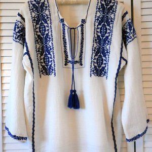 Isabel Marant Etoile 'Vince' blouse white cotton, blue embroidered, with tassels